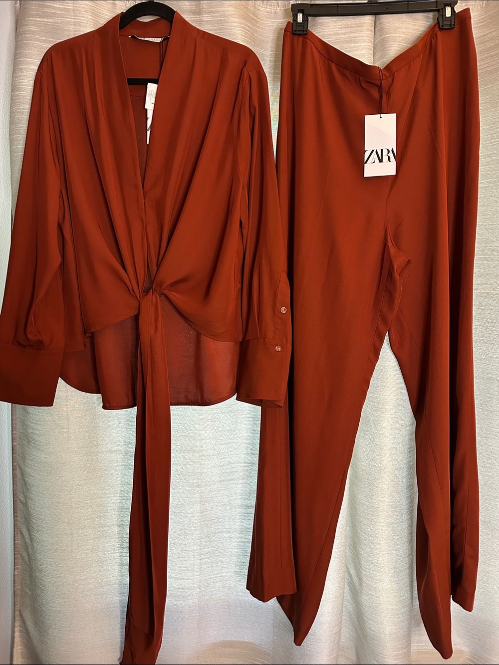 ZARA Women's Rust Tie-Front Blouse & Wide-Leg Pants